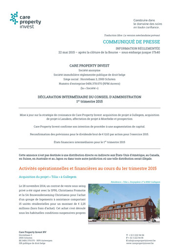 Miniature Care Property Invest NV Rapport trimestriel 2015-q1