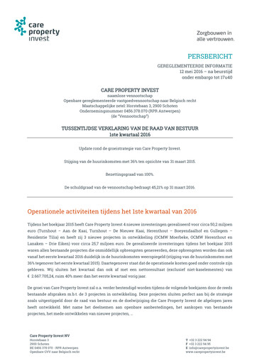 Miniature Care Property Invest NV Rapport trimestriel 2016-q1