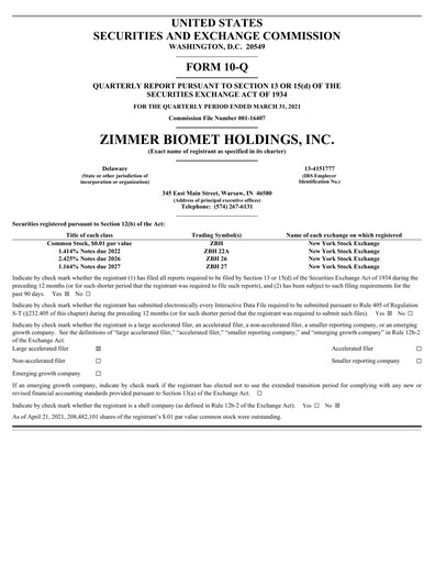 Thumbnail Zimmer Biomet Quarterly Report 2021-q1