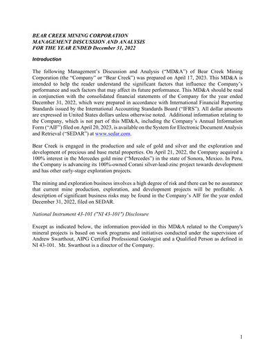 Thumbnail Bear Creek Mining Annual Report 2022