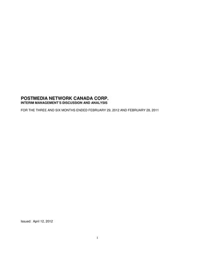 Miniature Postmedia Network Canada Rapport trimestriel 2012-q2