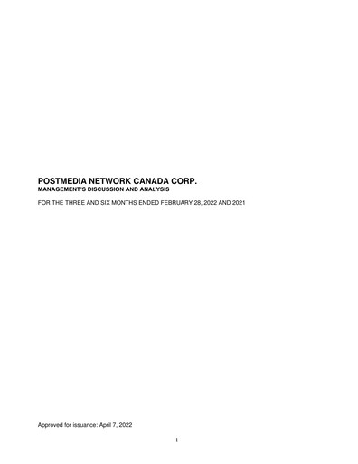 Miniature Postmedia Network Canada Rapport trimestriel 2022-q2