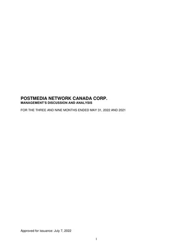 Miniature Postmedia Network Canada Rapport trimestriel 2022-q3