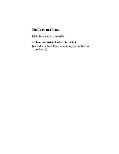 Miniature Dollarama Bilan financier fy2015