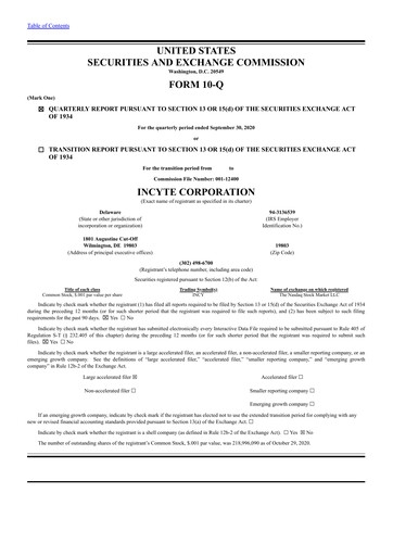 Thumbnail Incyte Quarterly Report 2020-q3