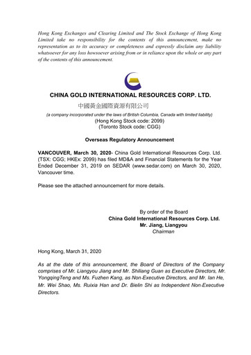 Thumbnail China Gold International Resources Financial Report 2019