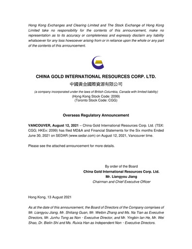 Thumbnail China Gold International Resources Half-year Report 2021-h1