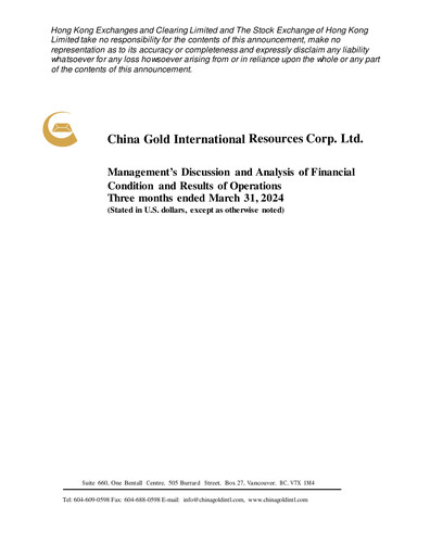Thumbnail China Gold International Resources Quarterly Report 2024-q1