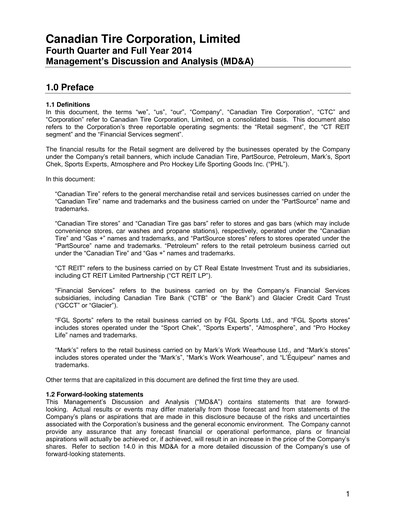 Thumbnail Canadian Tire Financial Statement 2014