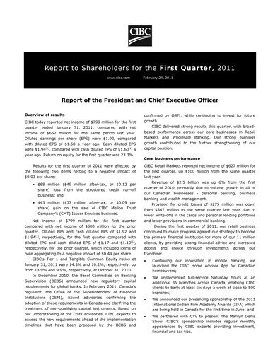 Vorschaubild CIBC (Canadian Imperial Bank of Commerce) Quartalsbericht 2011-q1