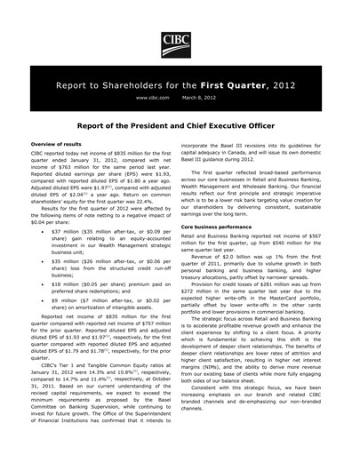Vorschaubild CIBC (Canadian Imperial Bank of Commerce) Quartalsbericht 2012-q1