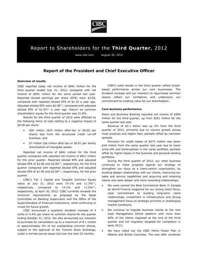 Vorschaubild CIBC (Canadian Imperial Bank of Commerce) Quartalsbericht 2012-q3