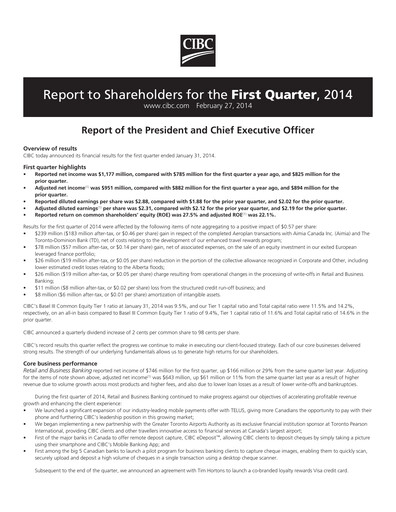 Vorschaubild CIBC (Canadian Imperial Bank of Commerce) Quartalsbericht 2014-q1