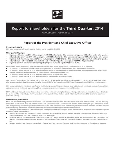 Vorschaubild CIBC (Canadian Imperial Bank of Commerce) Quartalsbericht 2014-q3