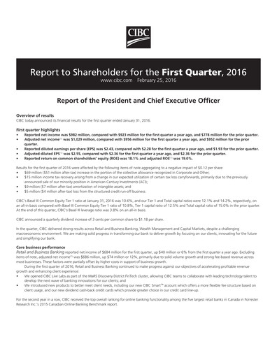 Vorschaubild CIBC (Canadian Imperial Bank of Commerce) Quartalsbericht 2016-q1