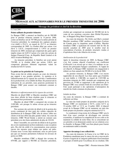 Vorschaubild CIBC (Canadian Imperial Bank of Commerce) Quartalsbericht 2006-q1