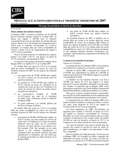 Vorschaubild CIBC (Canadian Imperial Bank of Commerce) Quartalsbericht 2007-q3
