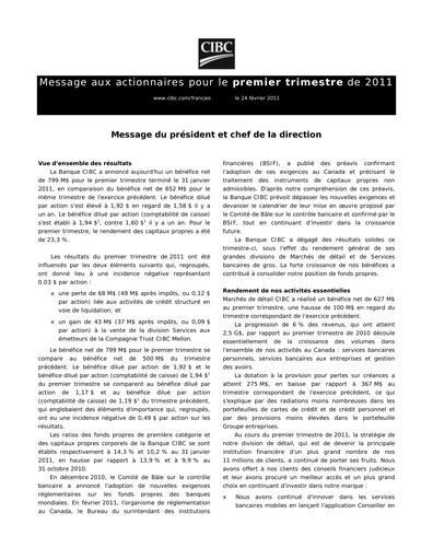 Vorschaubild CIBC (Canadian Imperial Bank of Commerce) Quartalsbericht 2011-q1