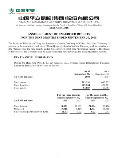 Thumbnail Ping An Insurance Financial Statement 2008-9m