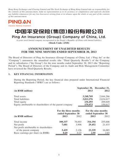 Thumbnail Ping An Insurance Financial Statement 2013-9m