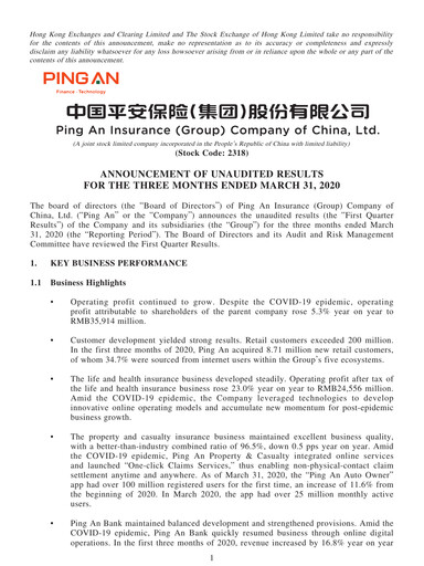Thumbnail Ping An Insurance Financial Statement 2020-q1