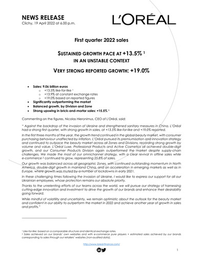 Thumbnail L'Oréal Quarterly Report 2022-q1