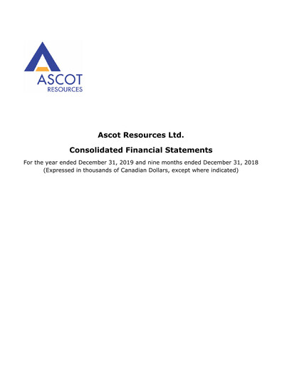 Miniature Ascot Resources Bilan financier 2019
