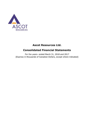 Miniature Ascot Resources Bilan financier fy2018