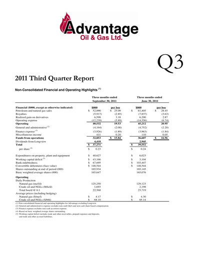 Vorschaubild Advantage Energy Quartalsbericht 2011-q3