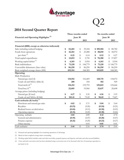 Vorschaubild Advantage Energy Quartalsbericht 2014-q2