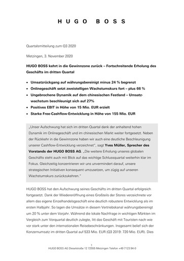 Thumbnail HUGO BOSS Quarterly Report 2020-q3