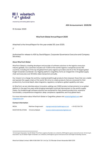 Thumbnail WiseTech Global
 Annual Report 2020