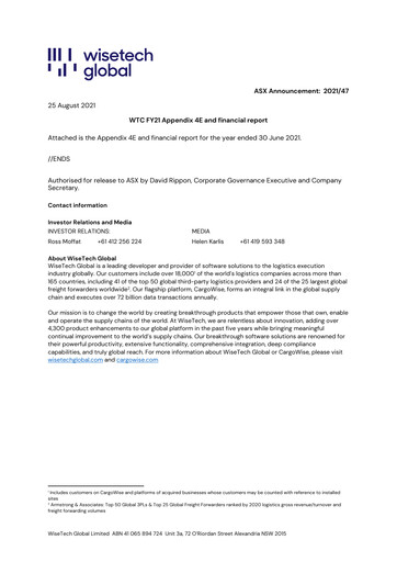 Thumbnail WiseTech Global
 Financial Statement fy2021