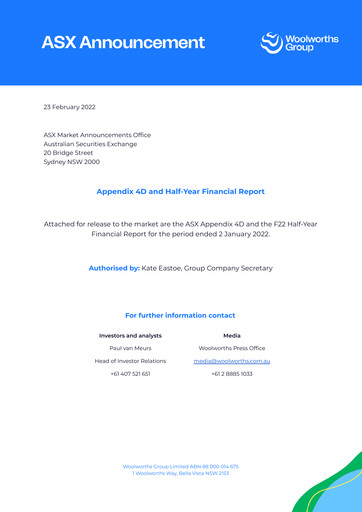 Thumbnail Woolworths Group Half-year Report 2022-h1