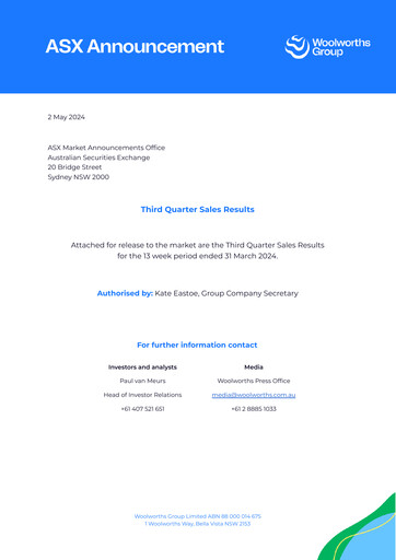 Thumbnail Woolworths Group Quarterly Report 2024-q3