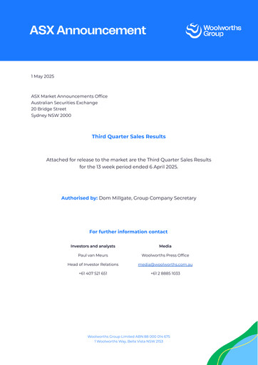 Thumbnail Woolworths Group Quarterly Report 2025-q3