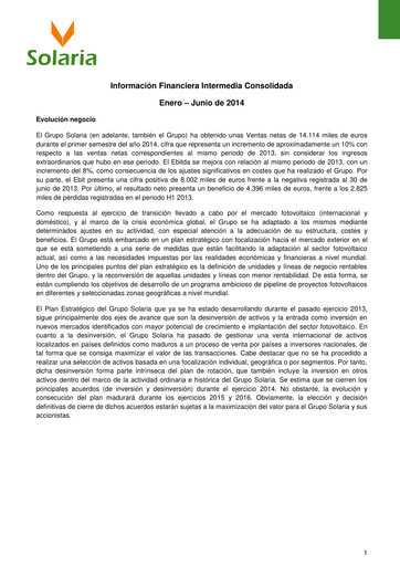 Miniature Solaria Energía Rapport semestriel 2014-h1