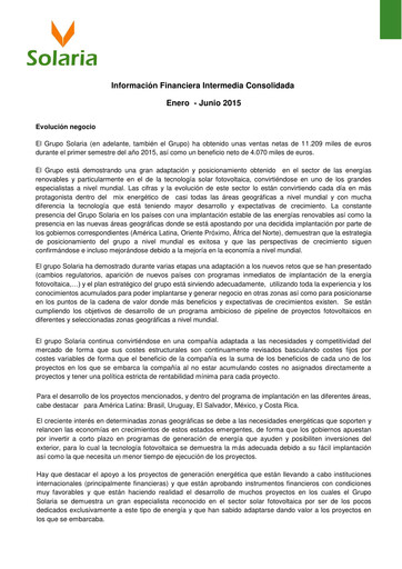 Miniature Solaria Energía Rapport semestriel 2015-h1