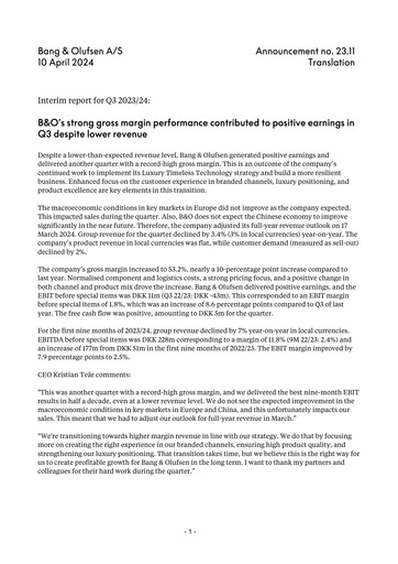 Thumbnail Bang & Olufsen A/S Quarterly Report 2023-q3