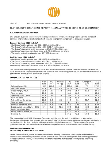 Thumbnail Olvi plc Half-year Report 2016-h1