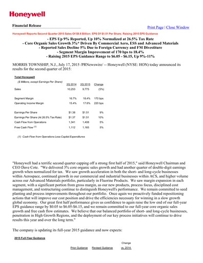 Vorschaubild Honeywell Quartalsbericht 2015-q2