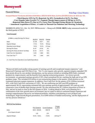 Vorschaubild Honeywell Quartalsbericht 2015-q3