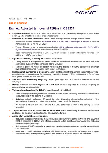 Thumbnail Eramet Quarterly Report 2024-q3