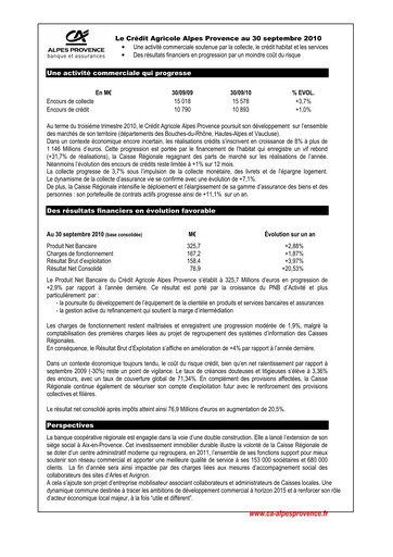 Thumbnail Caisse Régionale de Crédit Agricole Mutuel Alpes Provence Quarterly Report 2010-q3