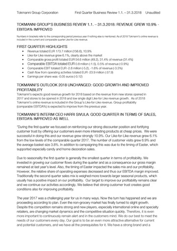 Thumbnail Tokmanni Quarterly Report 2018-q1