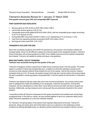 Thumbnail Tokmanni Quarterly Report 2020-q1