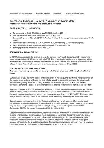 Thumbnail Tokmanni Quarterly Report 2022-q1