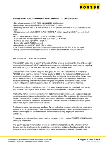 Vorschaubild Ponsse Finanzmitteilung 2021