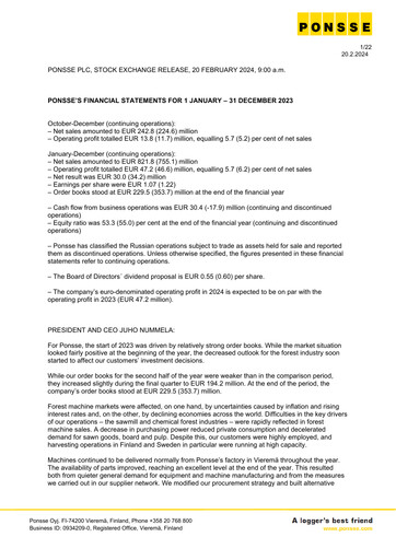 Vorschaubild Ponsse Finanzmitteilung 2023