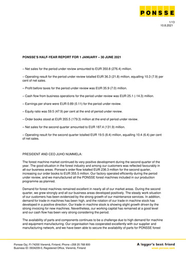 Vorschaubild Ponsse Halbjahresbericht 2021-h1